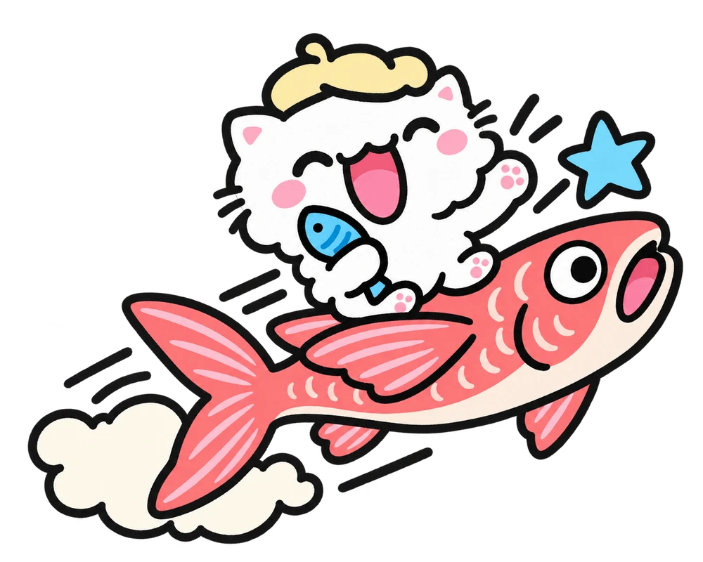A white cat riding a flying fish through clouds