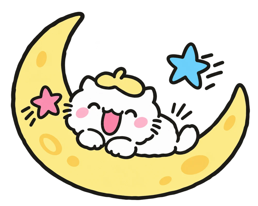 A white cat resting on a crescent moon
