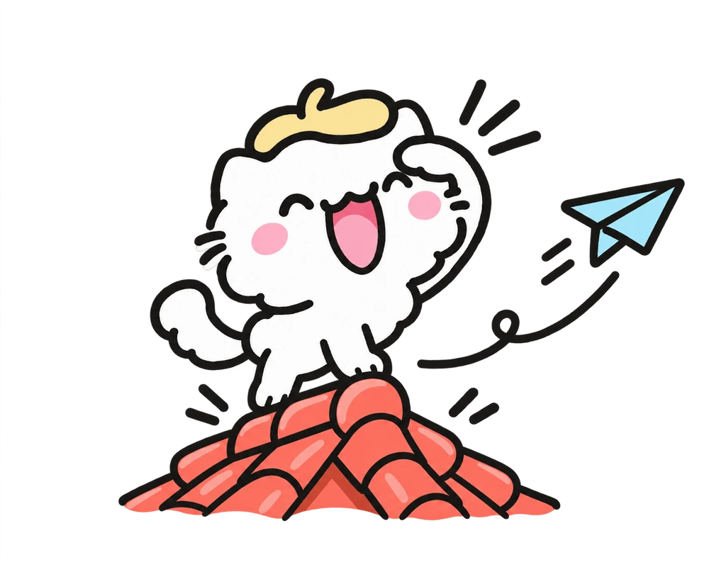 A white cat standing on a rooftop beside a paper plane
