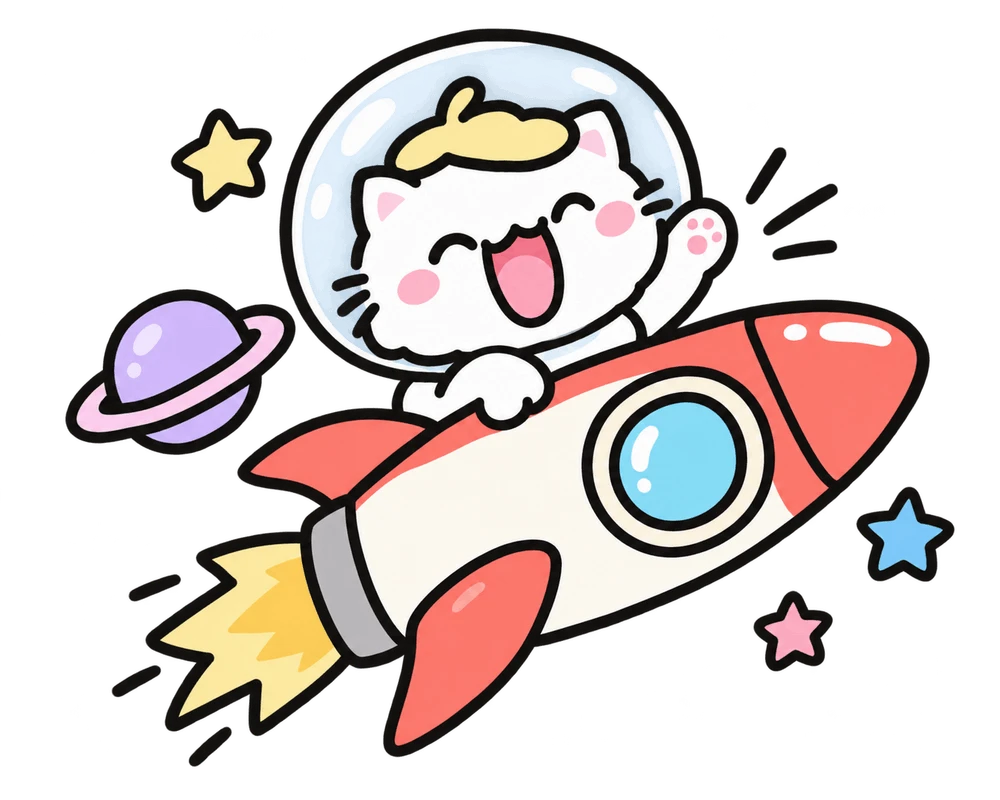 A white cat in a helmet riding a rocket