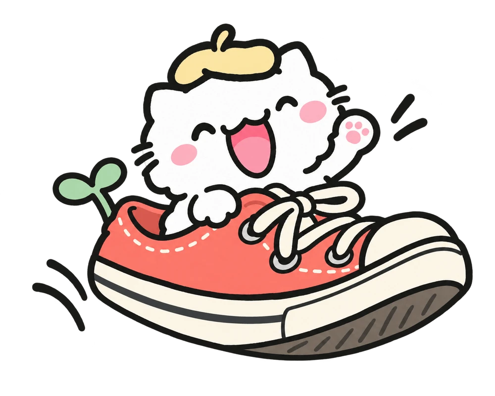 A white cat practising on a red sneaker