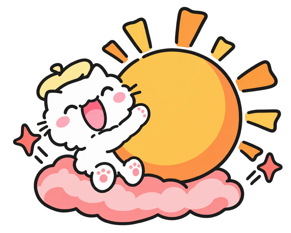 A white cat holding the sun above a sunset cloud